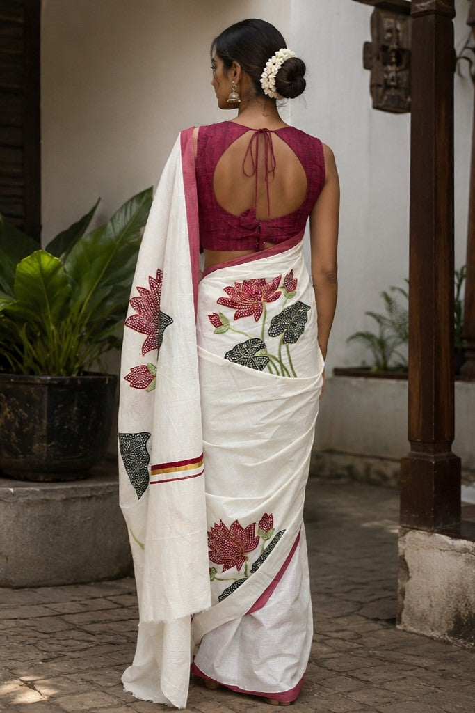 Lotus Embroidery Saree with Red & Golden Kara