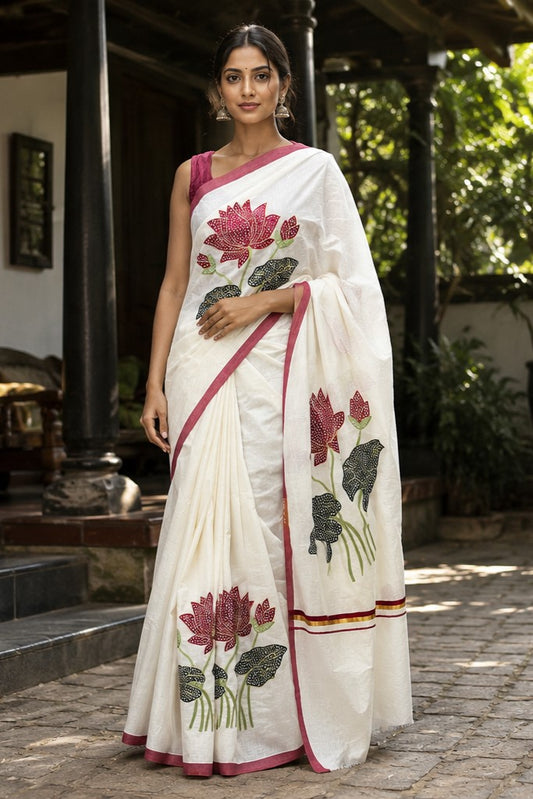 Lotus Embroidery Saree with Red & Golden Kara