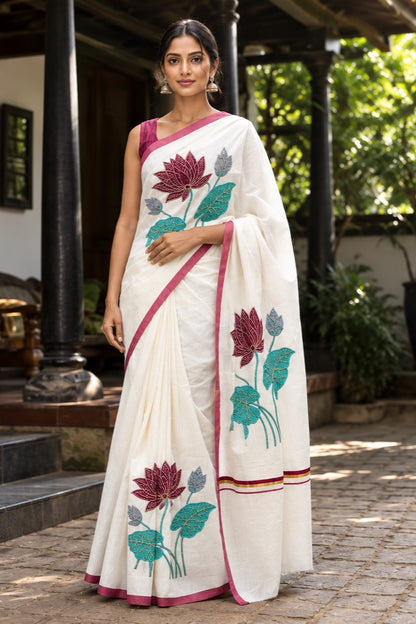 Lotus Embroidery Saree with Maroon & Golden Kara