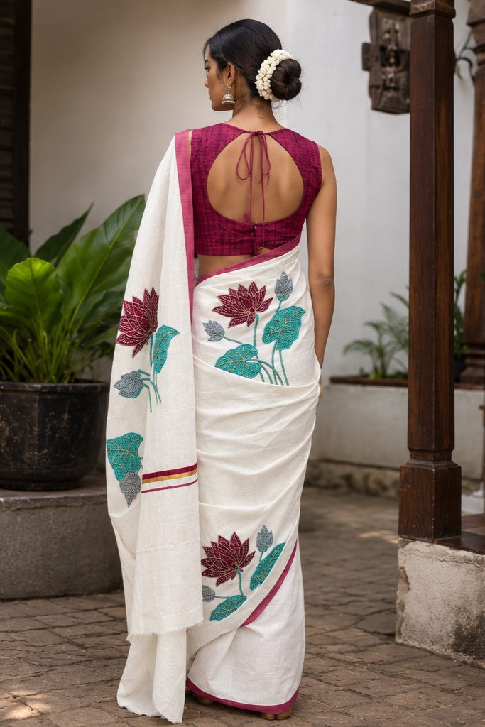 Lotus Embroidery Saree with Maroon & Golden Kara