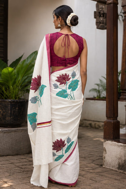 Lotus Embroidery Saree with Maroon & Golden Kara