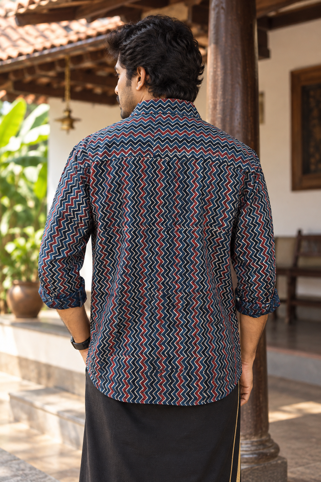 Ajrakh Printed Blue Zigzag FS Shirt