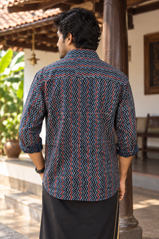 Ajrakh Printed Blue Zigzag FS Shirt