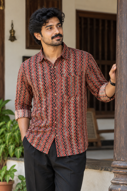 Ajrakh Printed Red Zigzag FS Shirt