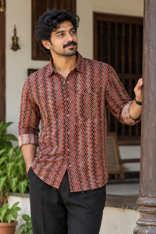 Ajrakh Printed Red Zigzag FS Shirt