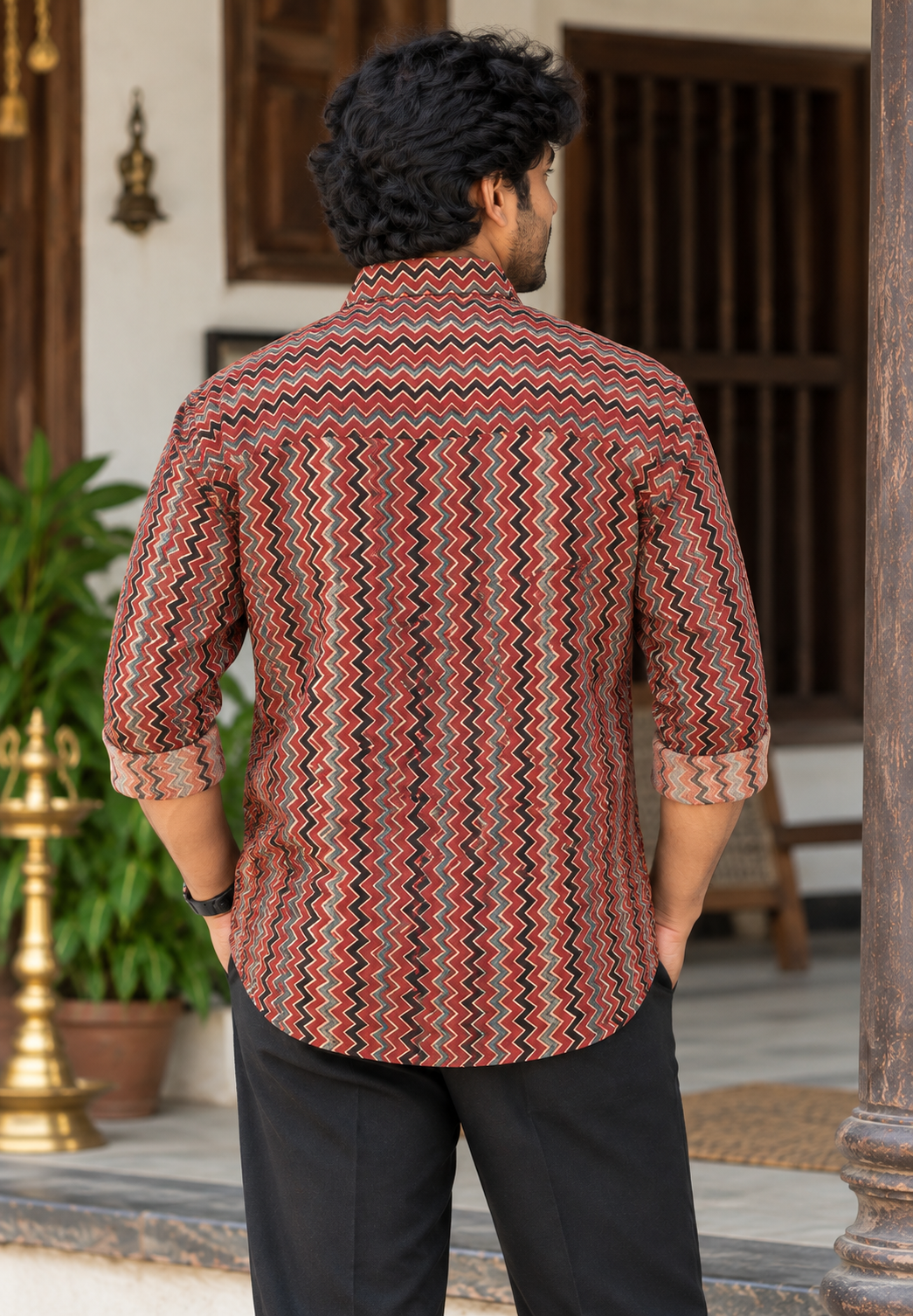 Ajrakh Printed Red Zigzag FS Shirt