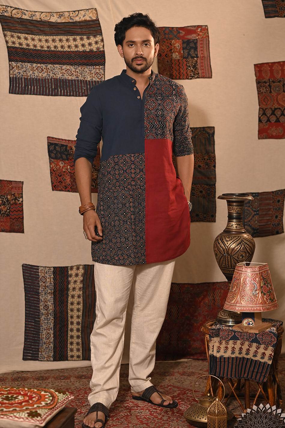 Blue Red Plain & Patch Kurta