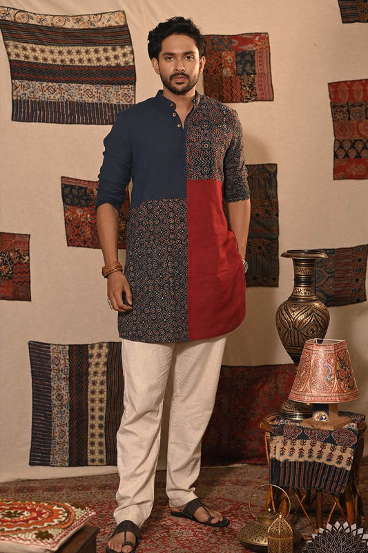 Blue Red Plain & Patch Kurta