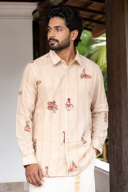 Beige Stripes Shirt with Onam Print