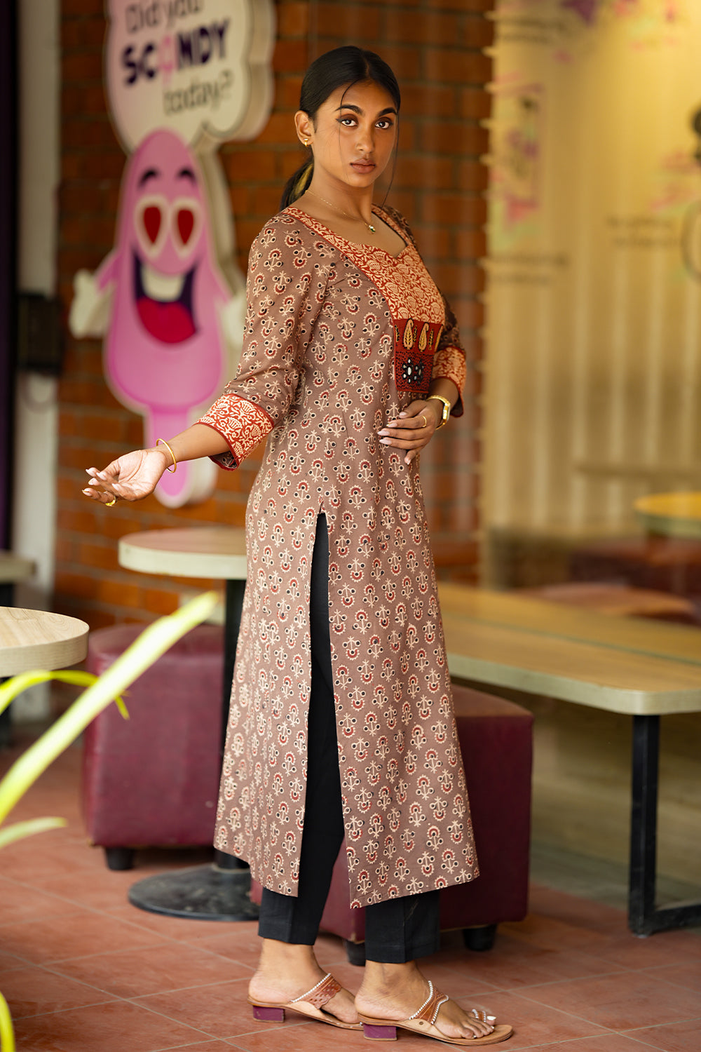 Brown Ajrakh Slited Kurthi with Red Embroidery Yoke