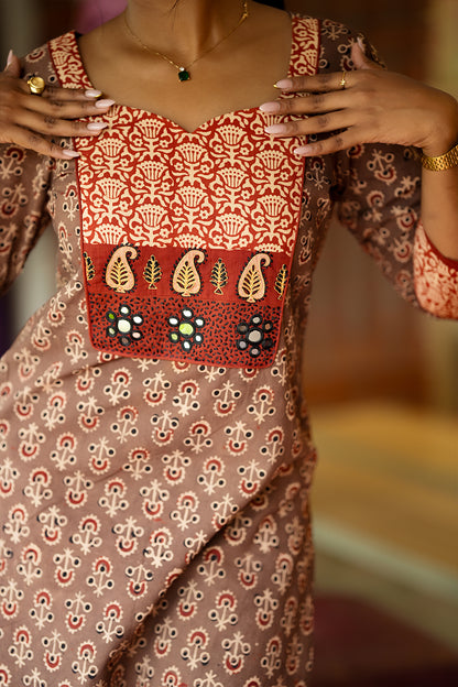 Brown Ajrakh Slited Kurthi with Red Embroidery Yoke