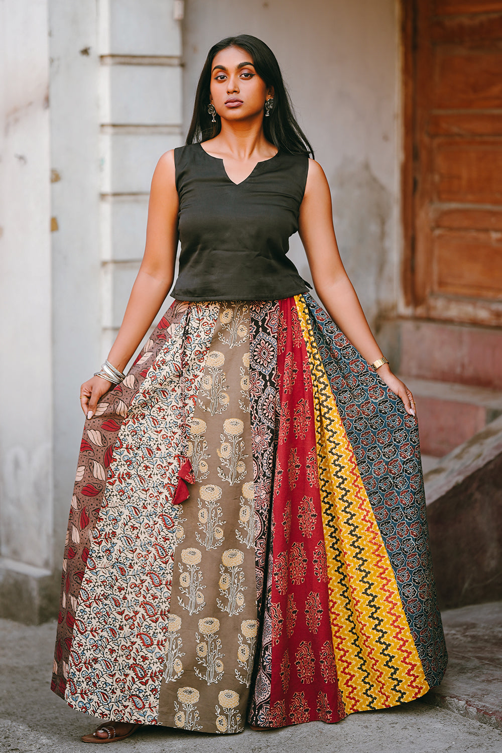 Ajrakh Multi Colour & Printed Panel Skirt