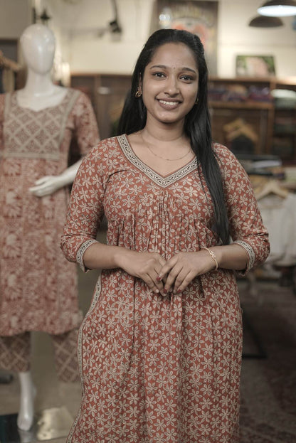 Red Bagru Printed  Slitted Alia Cut Co ordset