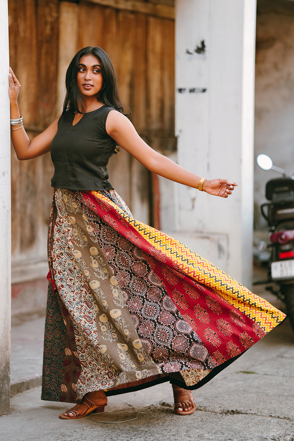 Ajrakh Multi Colour & Printed Panel Skirt