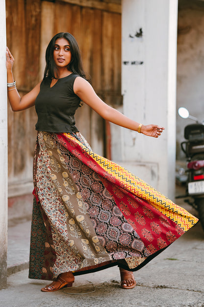 Ajrakh Multi Colour & Printed Panel Skirt