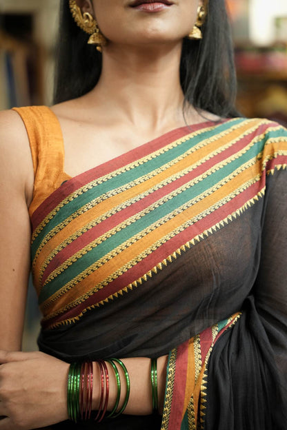 Black Narayanpet Saree with Temp & Rangila border