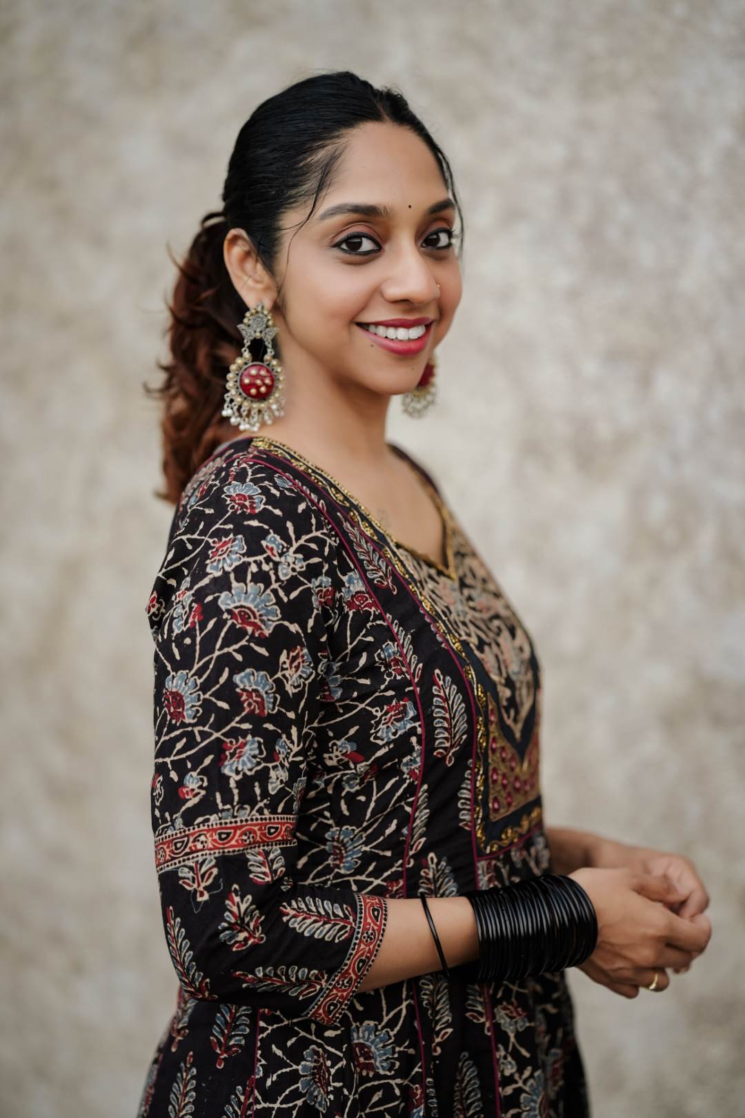 Black Ajrakh with Mahal Embroidery Yoke Anarkali