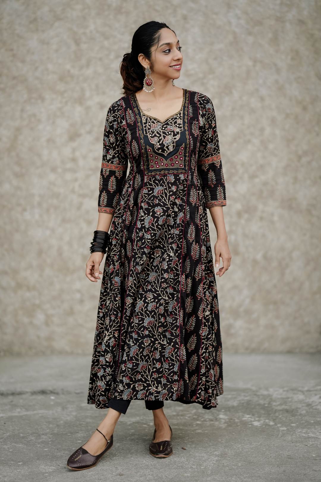 Black Ajrakh with Mahal Embroidery Yoke Anarkali