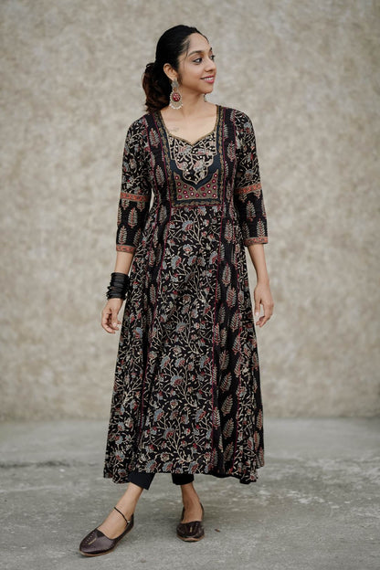 Black Ajrakh with Mahal Embroidery Yoke Anarkali