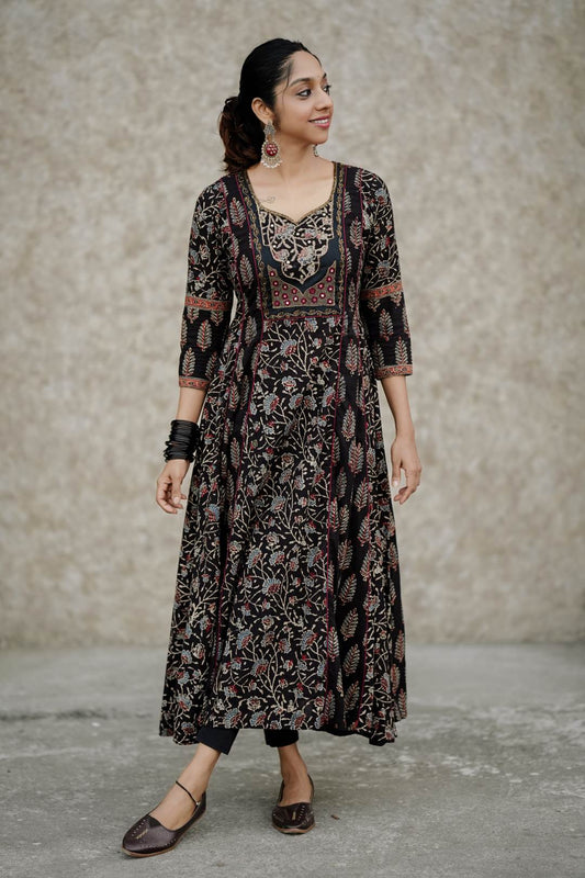 Black Ajrakh with Mahal Embroidery Yoke Anarkali