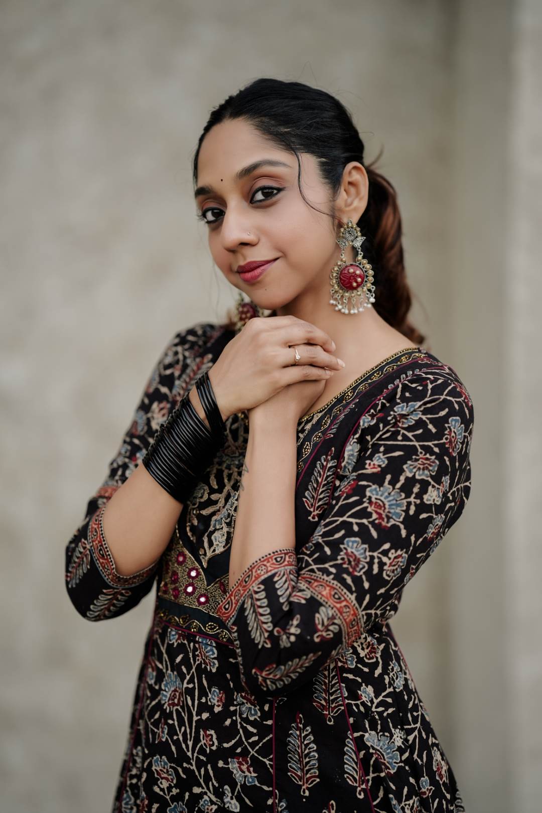 Black Ajrakh with Mahal Embroidery Yoke Anarkali