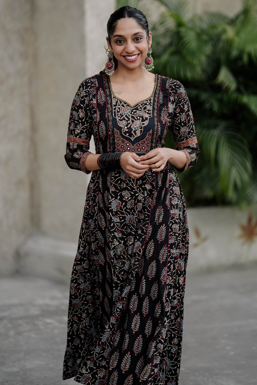 Black Ajrakh with Mahal Embroidery Yoke Anarkali
