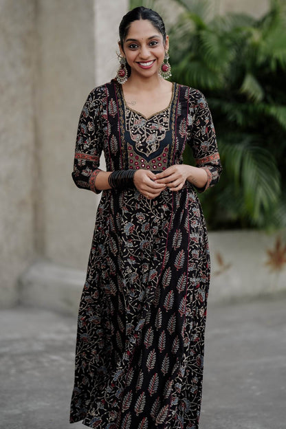 Black Ajrakh with Mahal Embroidery Yoke Anarkali