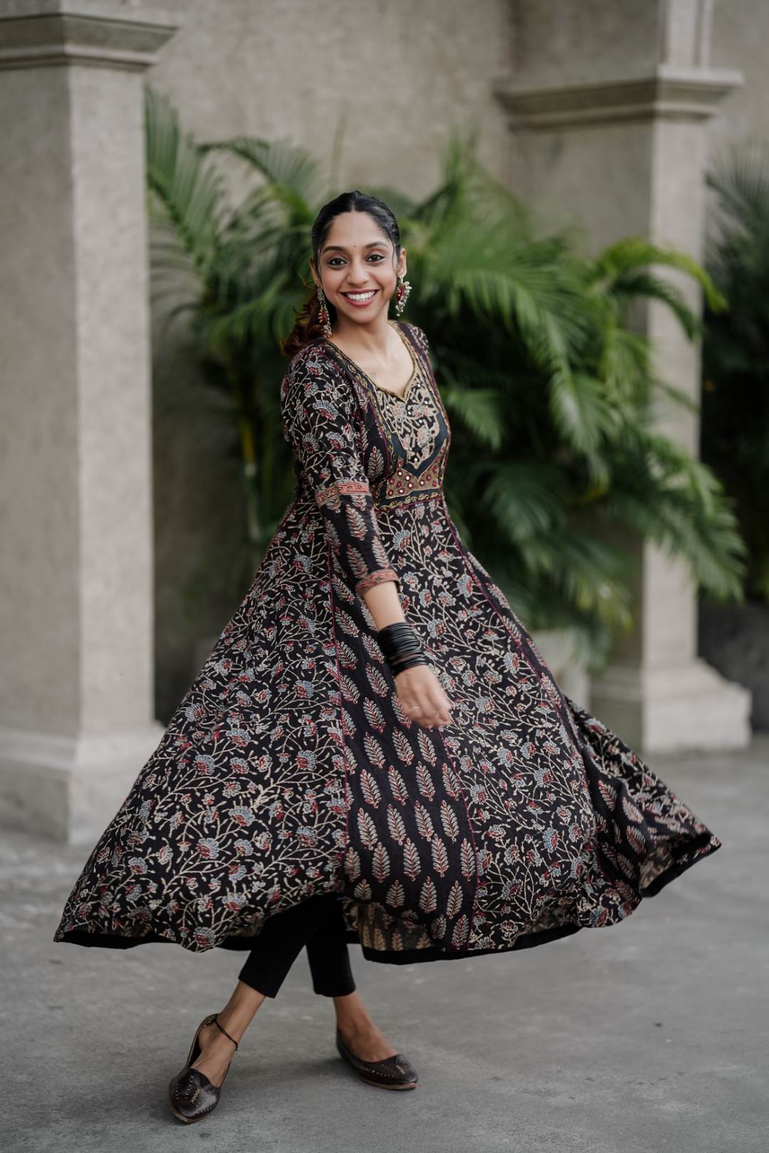 Black Ajrakh with Mahal Embroidery Yoke Anarkali
