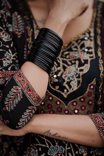 Black Ajrakh with Mahal Embroidery Yoke Anarkali