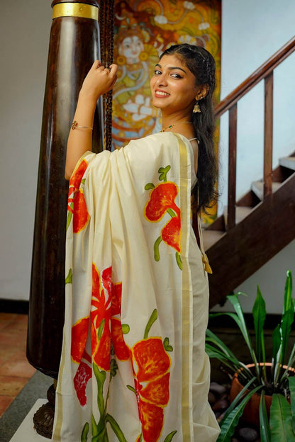 Gulmohar Handpainted Golden Border Saree