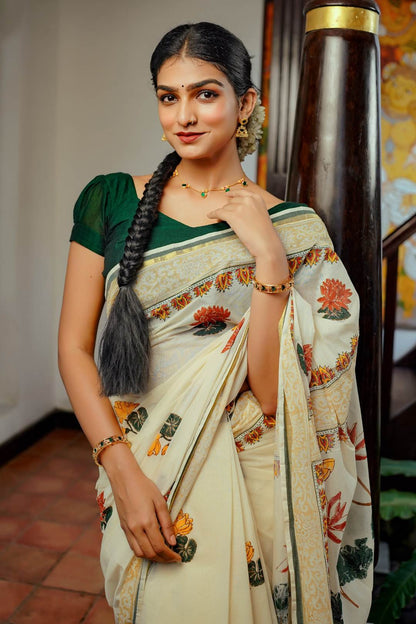 Lotus Hand Block Printed Kerala Saree