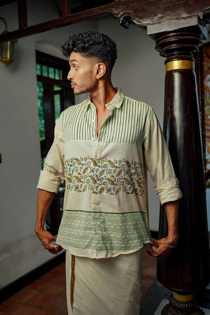 Offwhite Green Stripe Zigzag & Leaf Block print Shirt