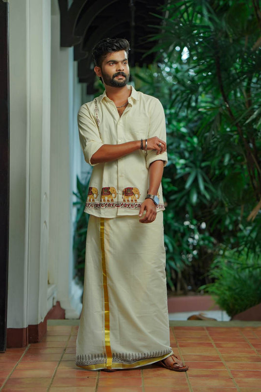 Offwhite Dhothi 1 Inch Gold Border & Geometrical Print
