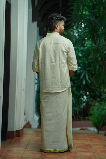 Offwhite Dhothi 1 Inch Gold Border & Geometrical Print