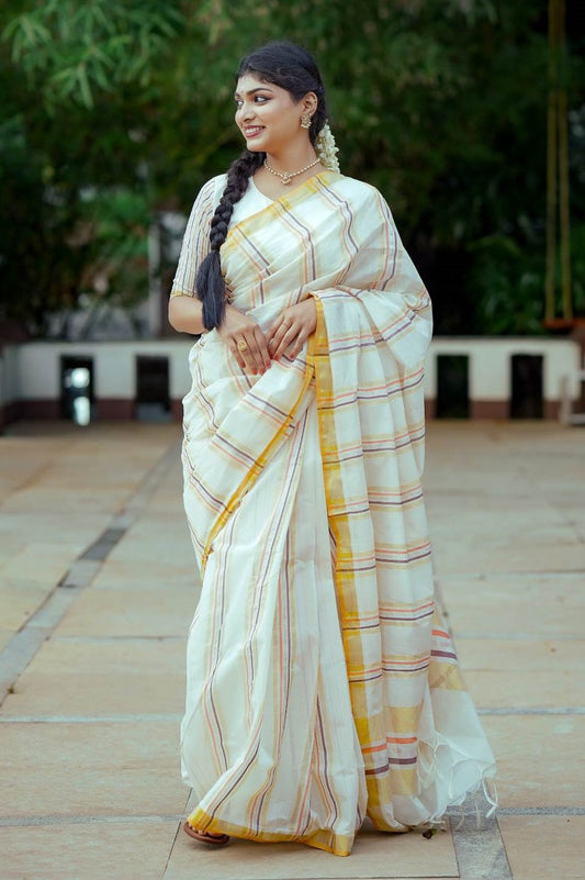 Kerala Handloom Saree with Gold Black Silver & Stripes