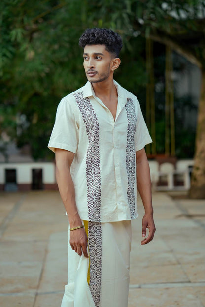 Offwhite 1 Inch Golden Border Dhoti with Printed Kara