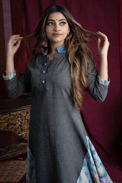 Dark Grey Kurti With Patch Panels