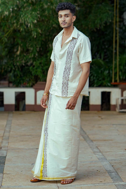 Offwhite 1 Inch Golden Border Dhoti with Printed Kara