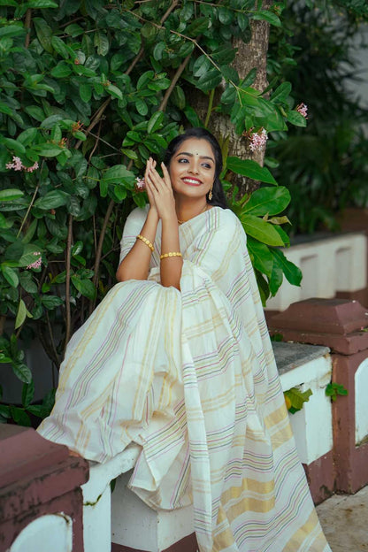 Kerala Handloom Saree With Multi Colour Stripes & 2" Border