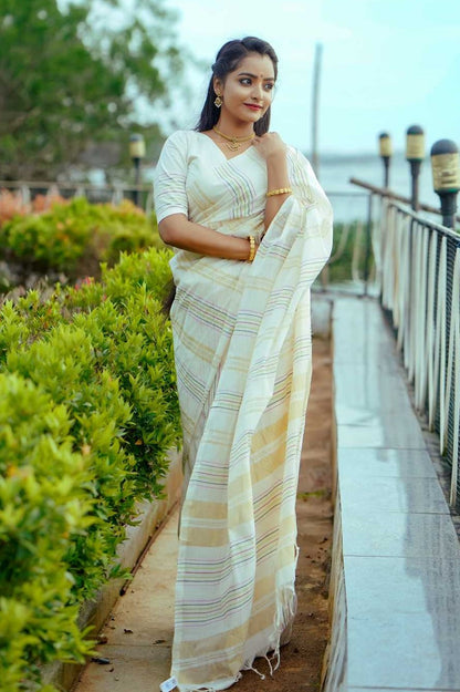 Kerala Handloom Saree With Multi Colour Stripes & 2" Border