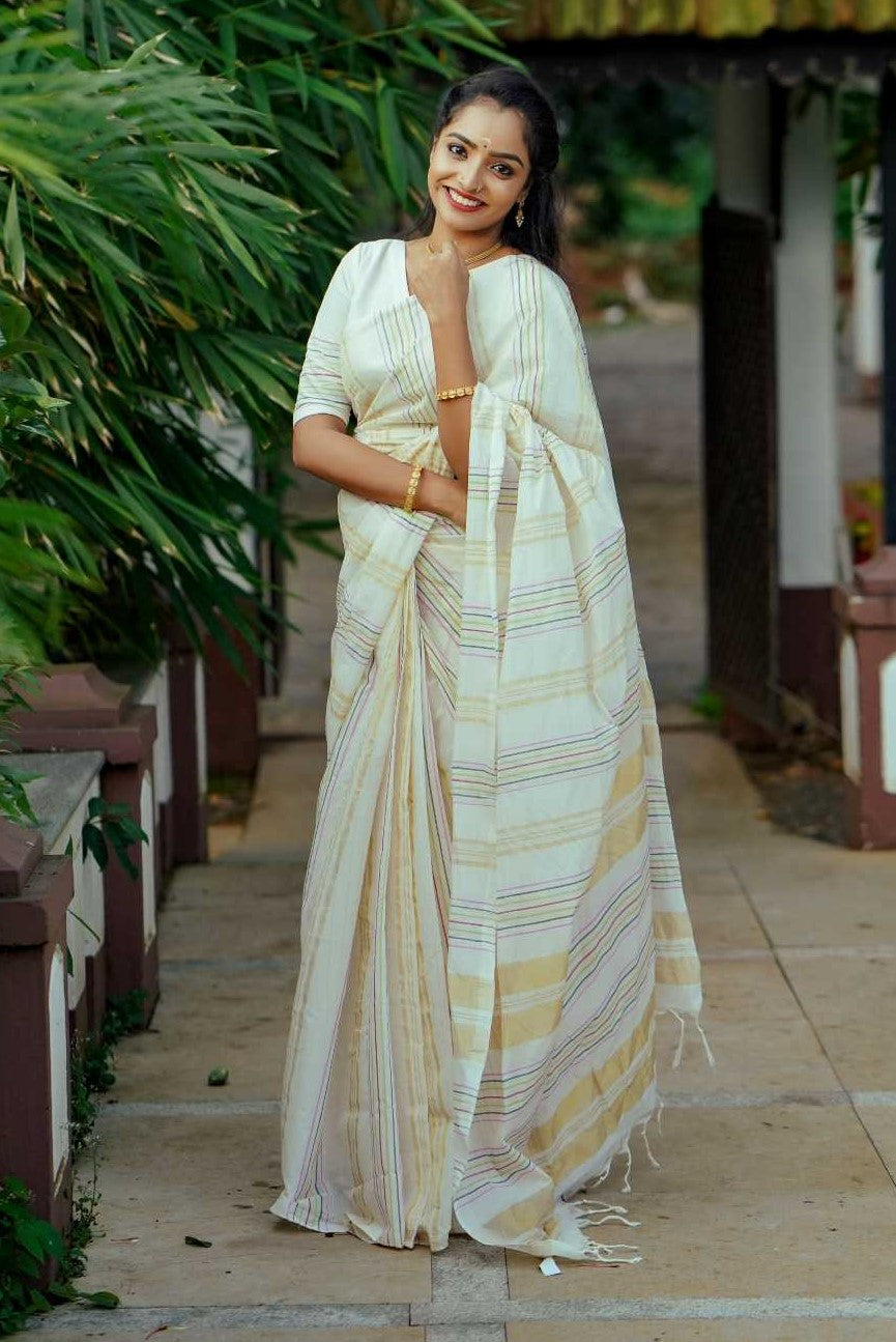 Kerala Handloom Saree With Multi Colour Stripes & 2" Border