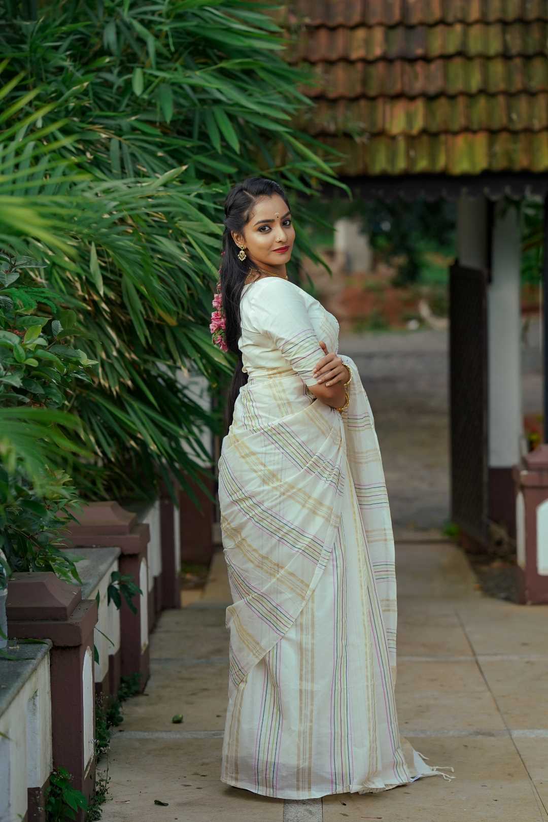 Kerala Handloom Saree With Multi Colour Stripes & 2" Border
