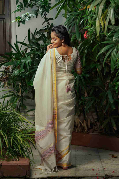 Kerela Handloom Multi Colour Thin Stripes Saree