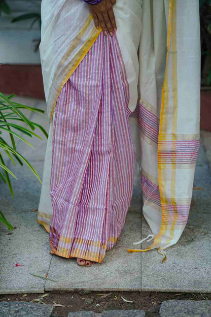 Kerela Handloom Multi Colour Thin Stripes Saree