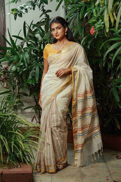 Kerala Handloom Sare Orange & Green