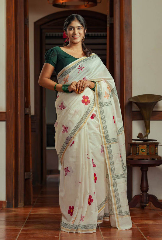 Offwhite Chanderi Striped Red Floral Print Saree