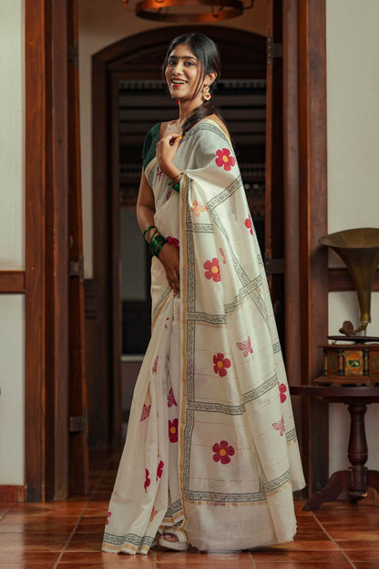 Offwhite Chanderi Striped Red Floral Print Saree
