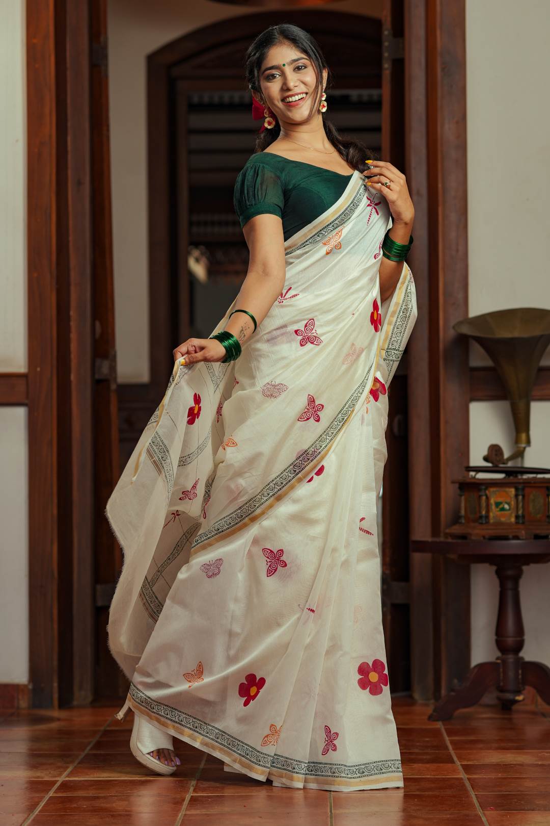 Offwhite Chanderi Striped Red Floral Print Saree
