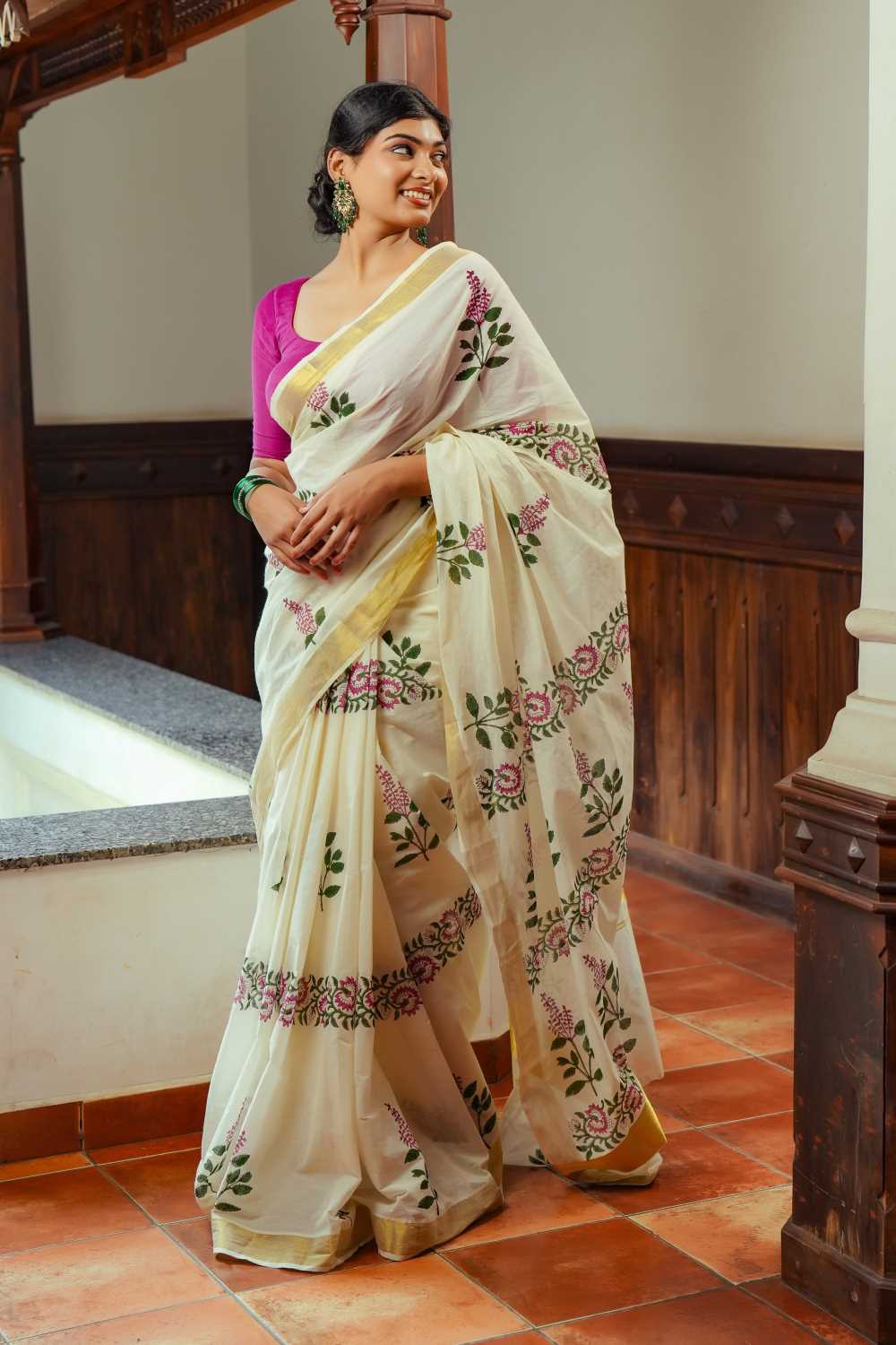 Off-white Kerala Saree with Tulsi Flower