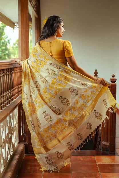 Gold Tissue Yellow Floral Print 3 Inch Saree